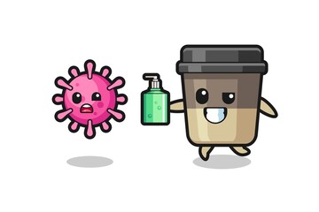 illustration of coffee cup character chasing evil virus with hand sanitizer