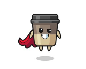 the cute coffee cup character as a flying superhero