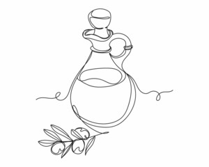 Continuous one line drawing of extra virgin olive with olives and leaves icon in silhouette on a white background. Linear stylized.Minimalist.