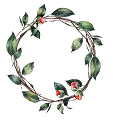 Wreath of watercolor flowers and leaves. Spring camellia flower frame.