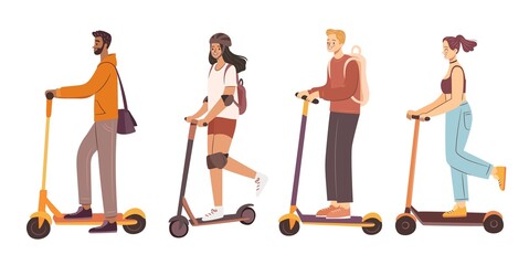 Fototapeta na wymiar People on scooters. Man and woman riding electric scooter. E-scooter and kick-scooter for rent. Hand drawn flat vector illustration