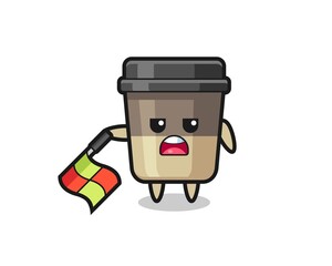 coffee cup character as line judge hold the flag down at a 45 degree angle