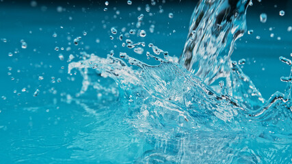 Freeze motion of water splash isolated on azure background.