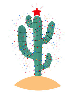 Mexican Christmas Cactus Tree With Colorful Garland And Red Star On Top. Hand Drawn Vector Illustration Of Desert Cacti With Lights. Holiday Card Or Print. Cute Winter Themed Doodle Illustration