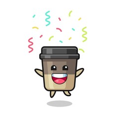 happy coffee cup mascot jumping for congratulation with colour confetti
