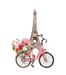 Fototapeta premium Vintage bicycle with flowers in basket and Eiffel tower in Paris. Watercolor