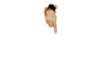 Hand with finger pointing down after breaking through a white paper wall. Copy space isolated on...