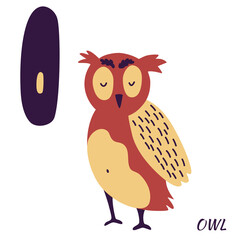 Owl Animal alphabet. Learning letter O. Hand draw forest animals in Scandinavian style. Alphabet Series A-Z. Vector cartoon illustration for children's alphabet.