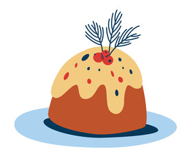 Christmas cake. Happy New Year homemade dessert. Cute hand draw sweet festive meal. Colorful vector illustration in flat cartoon style.