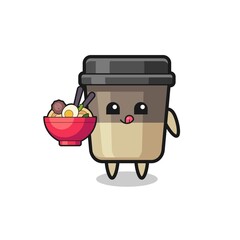 cute coffee cup character eating noodles
