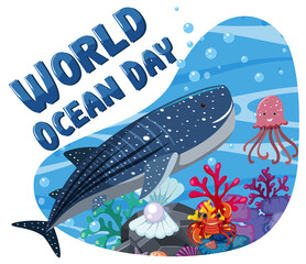 World Ocean Day banner with many different sea animals