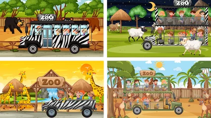 Rolgordijnen Set of different safari scenes with animals and kids cartoon character © brgfx