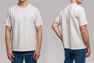 Young male in blank white t-shirt, front and back view. Design men t shirt template and mock-up for branding or print.  - obrazy, fototapety, plakaty