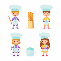 Boys bakers are holding a rolling pin and a tray with a dish. Girl Chef with Ladle and saucepan. 