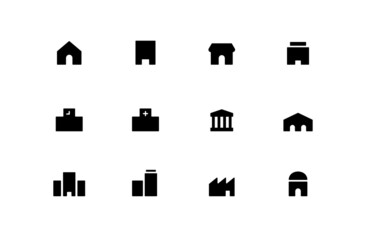 建物のシンプルなアイコンセット　家　ビル　学校　病院　銀行　ビジネス　住宅