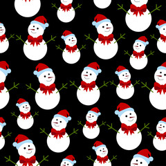 Christmas seamless vector pattern with snowmen. Contains a flat illustration of a snowman on a black background. Great for wrapping paper and wallpaper.
