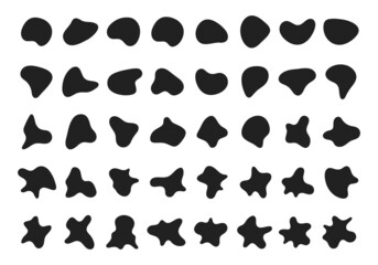 Random abstract liquid organic black irregular blotch shapes flat style design fluid vector illustration set banner simple shape template for presentation design, flyer, isolated on white background.