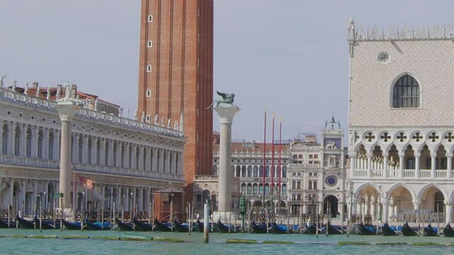 Hyperlapse detail view from the San Marco basin. You can see: Saint Mark piazzetta (little square), the columns of Marco and Todaro, Doge's palace, gondolas, St. Mark's basilica, bell tower 