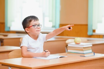 Concentrated schoolboy sitting at desk and writing in exercise book with classmate sitting behind