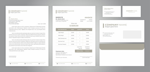 set of letter head, invoice, business card and envelope