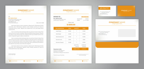 set of letter head, invoice, business card and envelope