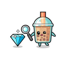 bubble tea mascot is checking the authenticity of a diamond