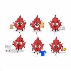 A Rich red autumn leaf mascot design style going shopping