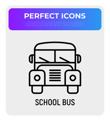 School bus thin line icon. Modern vector illustration of public transport.