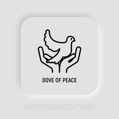 Dove in hands thin line icon. Modern vector illustration of peace symbol.