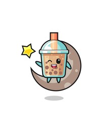 illustration of bubble tea cartoon sitting on the half moon