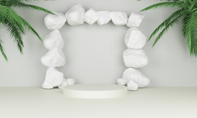 3d rendering minimalist display podium with palm leafs and stone gate
