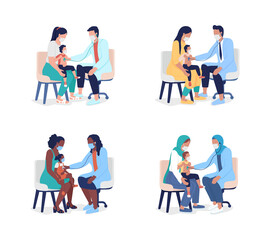 Pediatric examination semi flat color vector characters set. Full body people on white. Family physician examining child isolated modern cartoon style illustration for graphic design and animation