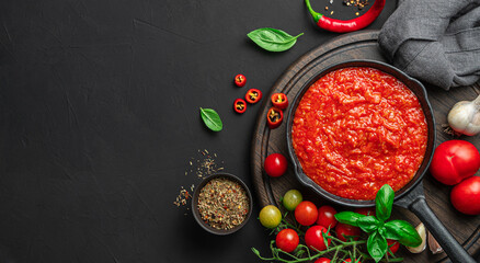 Italian classic homemade sauce with basil and pepper on a black background.