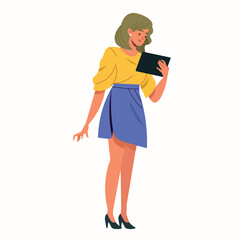 Office woman standing with a tablet pc. Business woman working tablet, manager office worker enterpreneur performs work on a tablet in vector  flat style illustration.