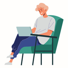 Boy working on laptop computer at home. Freelance, work at home, remote work and home office. Vector illustration in a flat style	