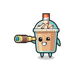 cute milkshake character is holding an old telescope
