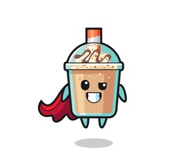 the cute milkshake character as a flying superhero