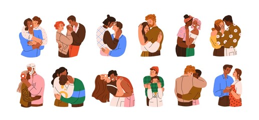 Happy love couples set. Men and women kissing, hugging, and cuddling. Diverse people in romantic relationships. Colored flat vector illustration of lovers and sweethearts isolated on white background