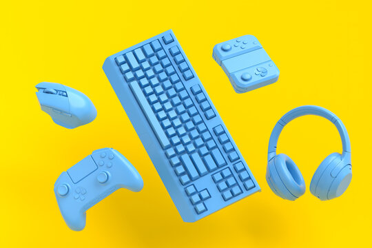 Flying gamer gears like mouse, keyboard, joystick, headset, VR on yellow