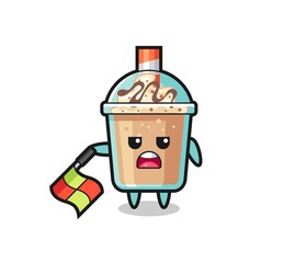 milkshake character as line judge hold the flag down at a 45 degree angle