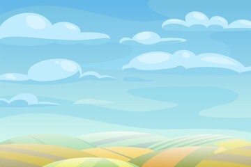 Fototapeta na wymiar Rural vegetables and grassy hills. Autumn harvest. Farm cute landscape. Funny cartoon design illustration. Summer pretty sky. Flat style. Foggy horizon. Vector