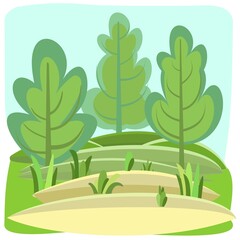 Flat forest. Illustration in a simple symbolic style. Sand. Funny green landscape. Isolated. Comic cartoon design. Cute scene with trees. Country Wild Scenery. Vector