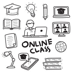 Online class doodle element collection in cute style isolated on white background