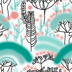Graphics abstract trees and grass turquoise on white background seamless pattern for all prints.