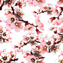 Apricot  blooming branches watercolor on white background seamless pattern for all prints.