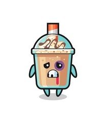 injured milkshake character with a bruised face