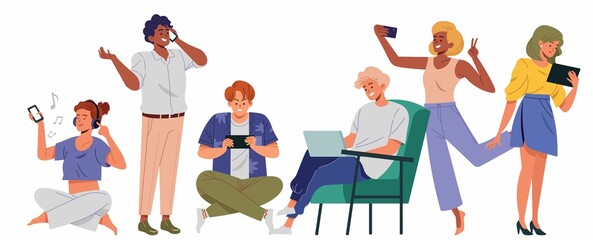 People using gadget with different poses and expressions. Man and women holding a smartphone to texting, read online news, chatting, play games, social media, usability. Flat style vector illustration