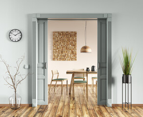 Interior of living room with light green wall and door to the modern dining room, wooden table and chair. Contemporary home design. 3d rendering