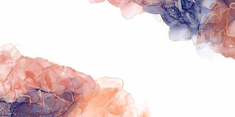 アルコールインクの抽象背景）オレンジと赤と紺　インクアート　華やか　バナー　キラキラ　ゴールド　繊細 © Queso