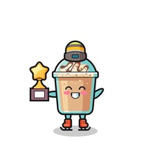milkshake cartoon as an ice skating player hold winner trophy